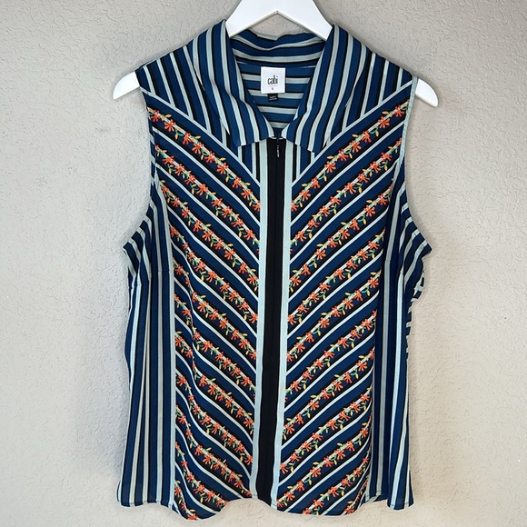 CAbi Floral and Chevron Striped Sleeveless Collard Zipper Front Top 6318 Size L - Picture 6 of 13